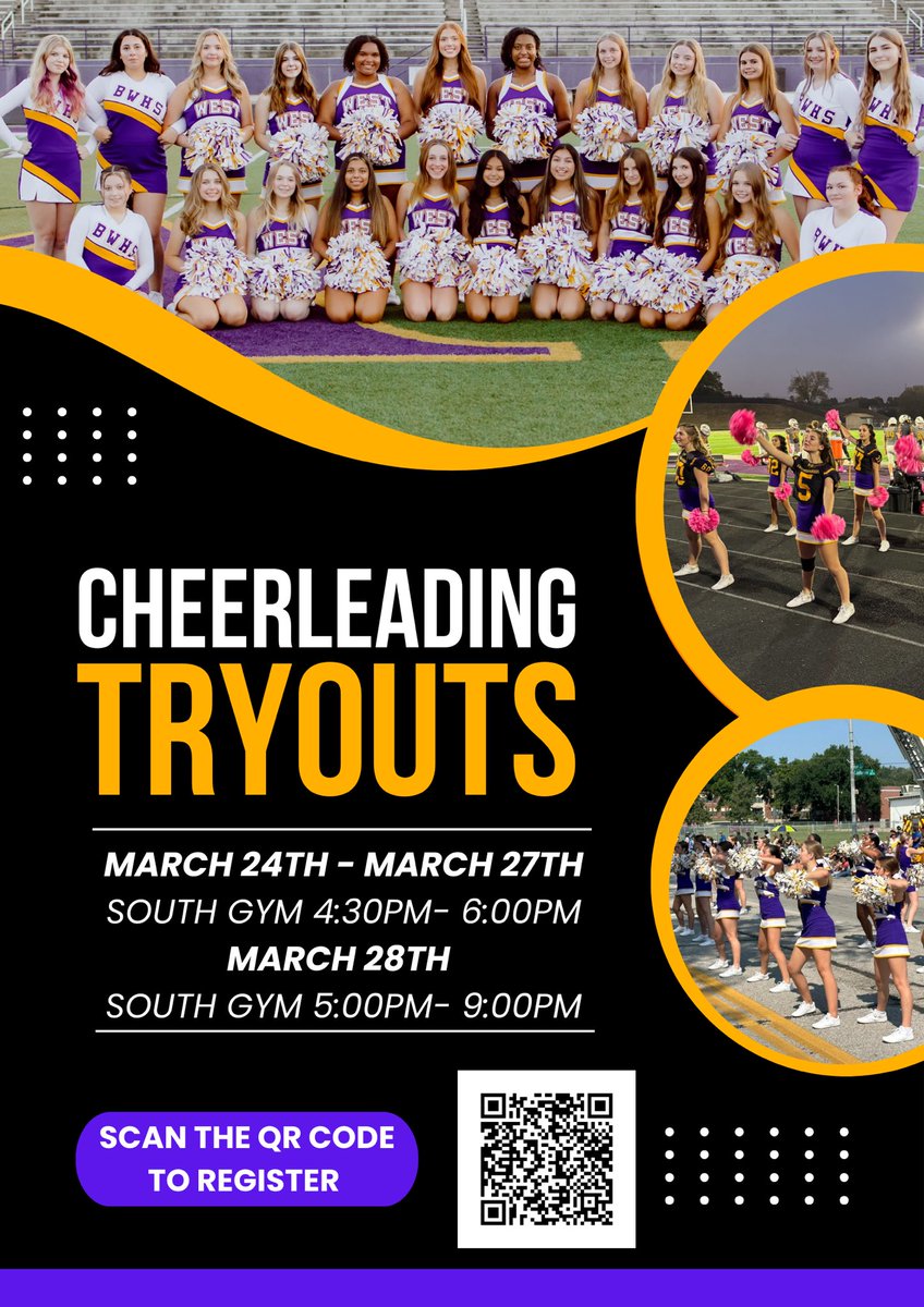 Tryout applications for the 2025-2026 are open 🎉 Use the link or code to sign up 💛💜

forms.gle/qJtyXGWj32b6Jt…