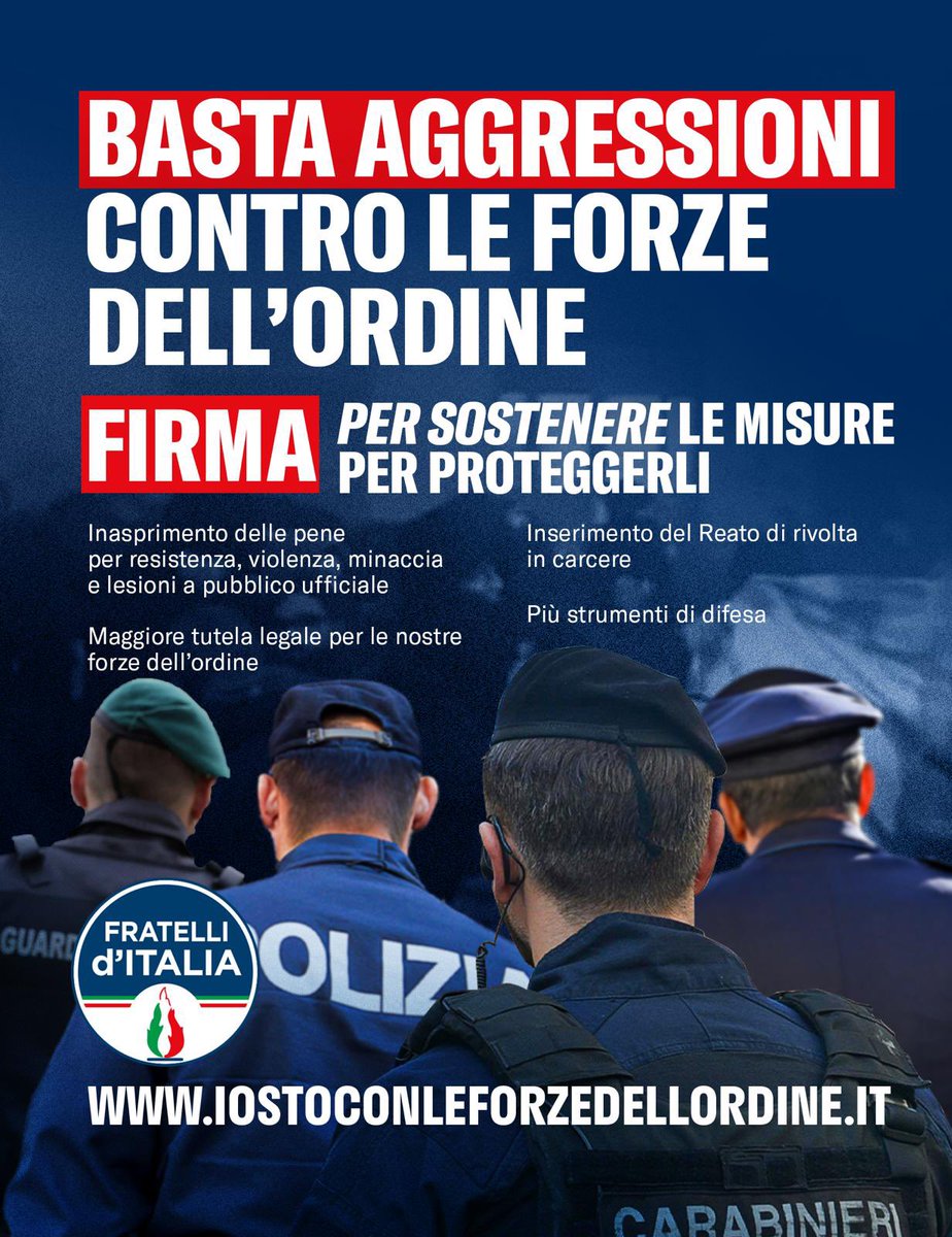 Adesso basta. Mobilitiamoci in difesa delle nostre Forze dell’ordine. Se la sinistra finge di non vedere la violenza nei confronti dei nostri servitori dello Stato, noi mettiamo in campo nuove misure per tutelare gli agenti in divisa. Sempre dalla  parte della legalità.