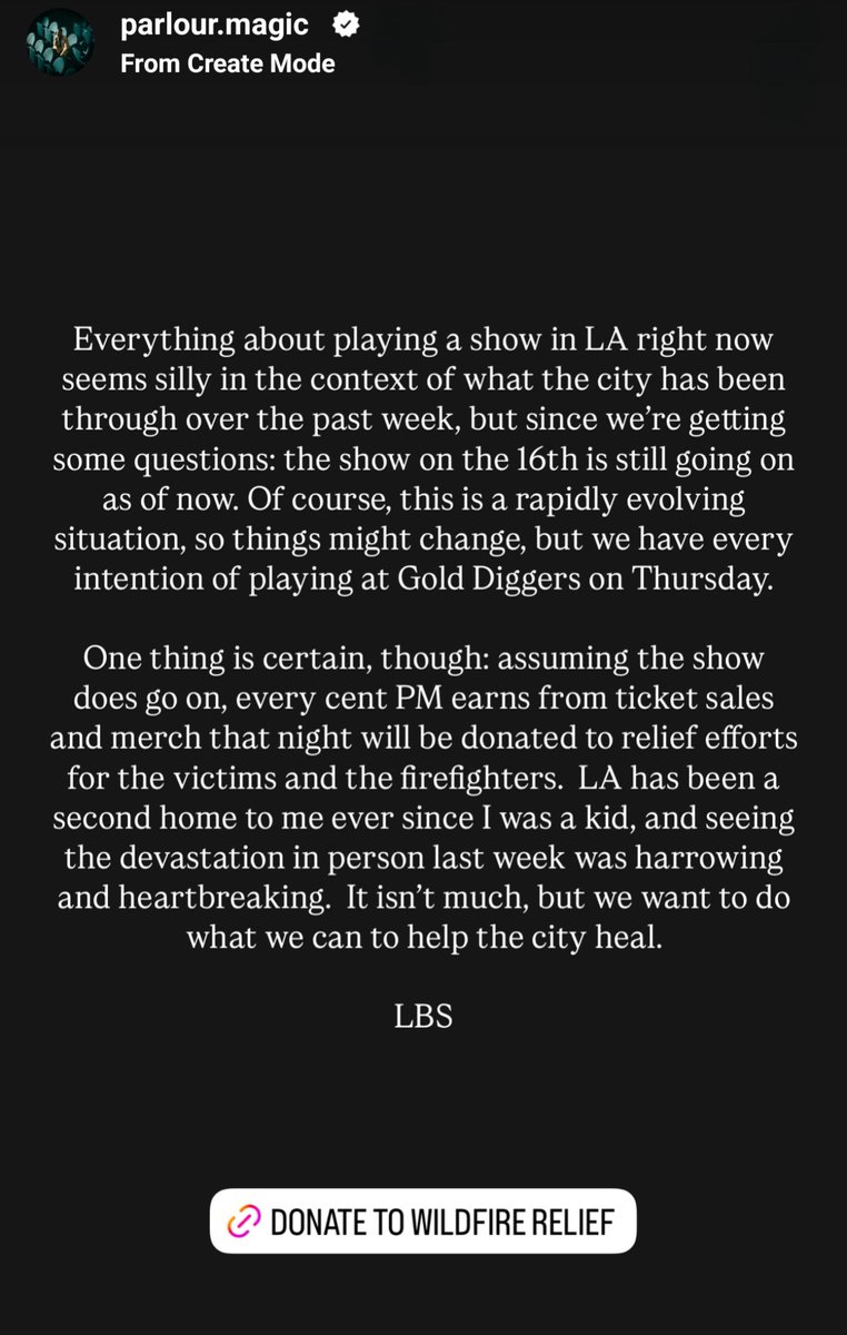 We're hopeful that Thursday night's show supporting Parlour Magic <a href="/luc_fm/">PARLOUR MAGIC</a>, alongside miso808, at <a href="/golddiggers_la/">Gold-Diggers</a> is happening...

100% of our merch sales will go to Wildfire Recovery Fund:
calfund.org/funds/wildfire…

T I C K E T S | bit.ly/3OZFjTV