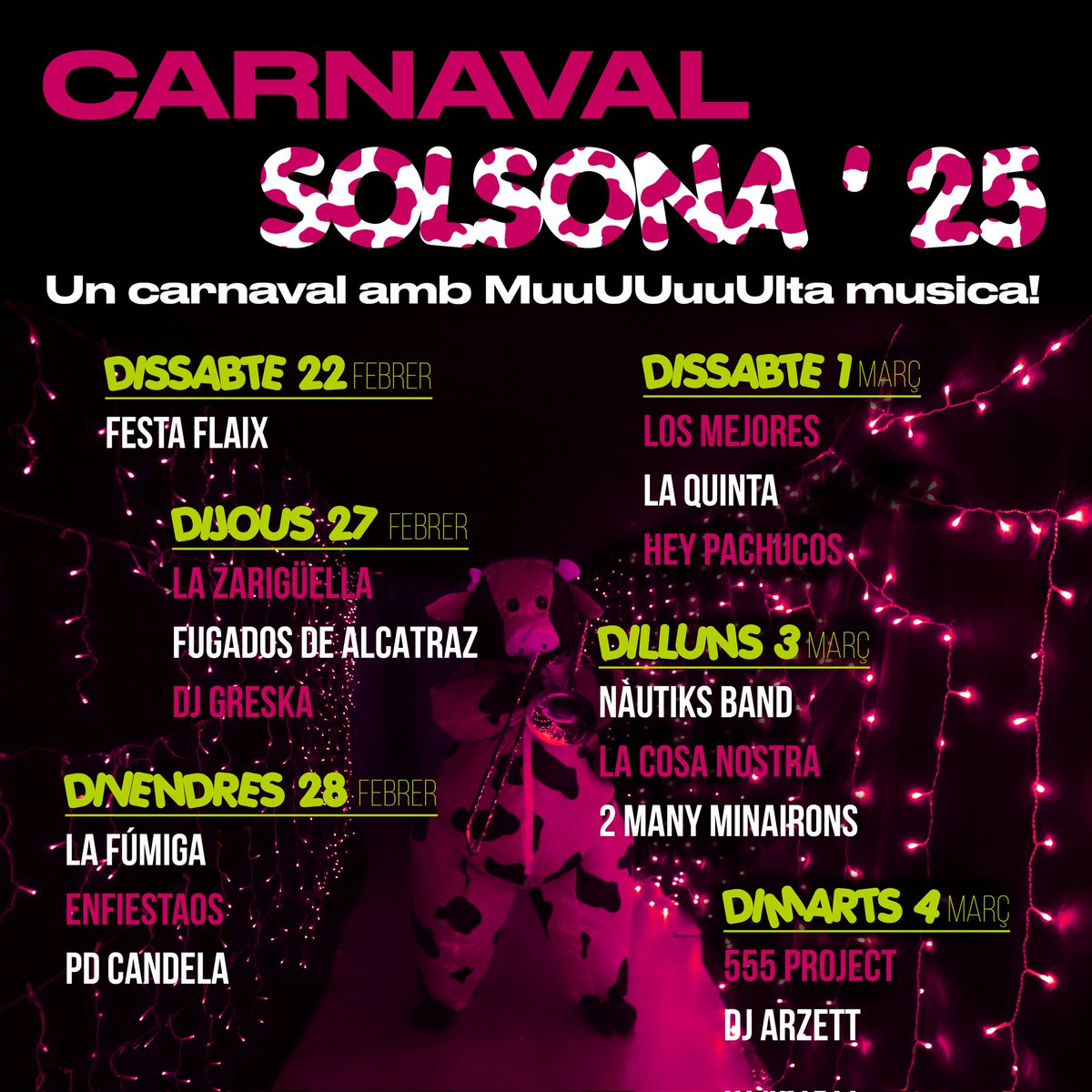 🎺🎷Aquests són els grups que emplenaran la sala polivalent de muuUuUuuuUsica aquest Carnaval! 🎷🎺

 Vols un pack d'entrades per gaudir de tots els concerts gratis i sense fer cues? Doncs entra al nostre instagram i participa al sorteig!