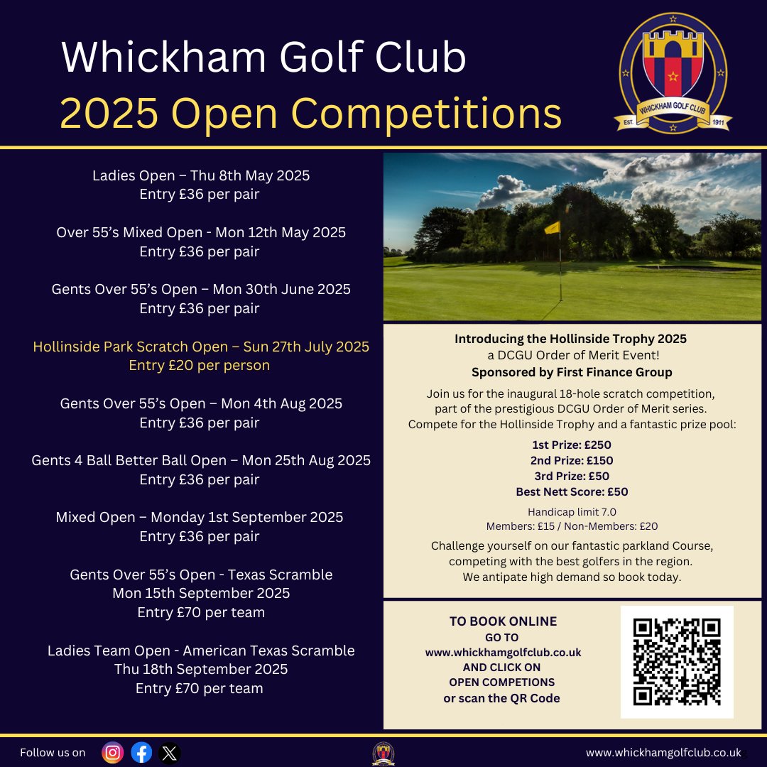 The 2025 Open Competitions at Whickham Golf Club are available to book right now! With events for everyone, from Scramble to Better-Ball competitions. 
Booking and payment are quick and easy online via the following link. bit.ly/wgcopens
