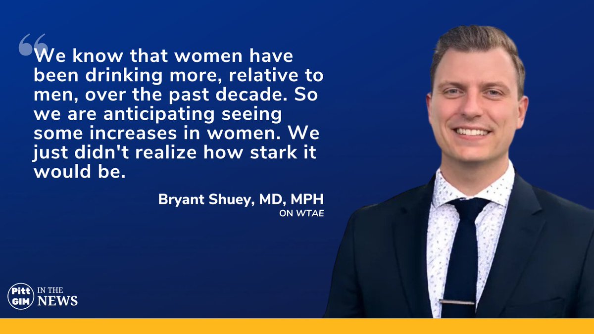 PittGIM's tweet photo. Did #PandemicStress lead to increased #AlcoholUse? Pitt's @BryantShuey explored the rise in alcohol-related health complications among middle-aged women in a new study that he spoke to @WTAE about.
Read it here: https://t.co/uSoFpqcGb5 https://t.co/T4VT6YrHQq