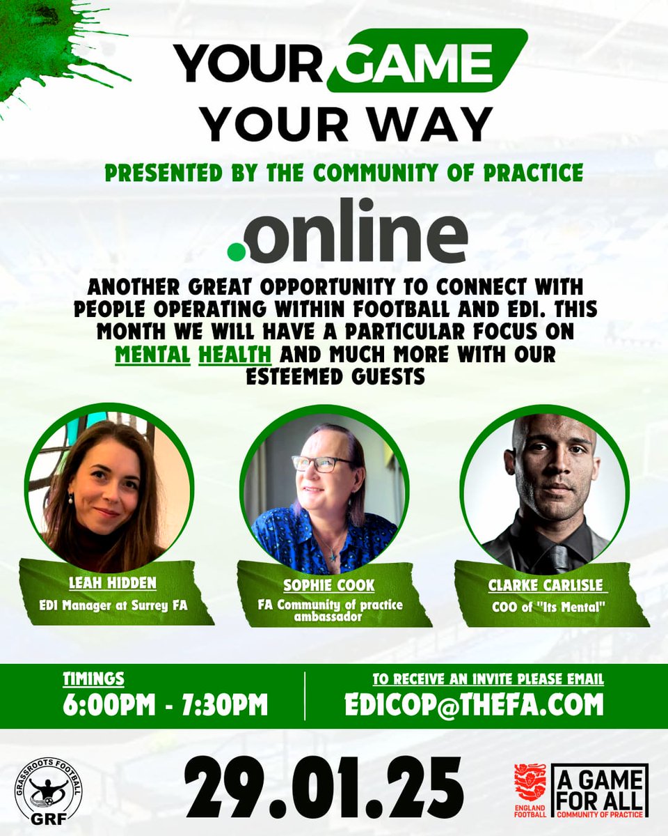 Grassroots (@teamgrassroots_) on Twitter photo ๐จ Your Game - Your Way ONLINE Football & Mental Health
๐ฃ๏ธ Let's continue the ED&I conversation. This month we take the conversation online to speak about the Football & Mental Health with 3 fantastic guests. 
When - 29/1/25
Where - Online
How - Email CopEDI@TheFA.Com for an ๐จ Your Game - Your Way ONLINE Football & Mental Health
๐ฃ๏ธ Let's continue the ED&I conversation. This month we take the conversation online to speak about the Football & Mental Health with 3 fantastic guests. 
When - 29/1/25
Where - Online
How - Email CopEDI@TheFA.Com for an