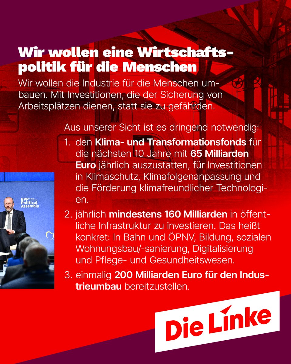 Wir brauchen eine Wirtschaft, die für alle funktioniert – nicht nur für die oberen zehn Prozent! Eine Wirtschaft, die sich an den Bedürfnissen der Menschen orientiert – nicht an den Renditeerwartungen der Aktionäre! 

Statt Sparpolitik und Aufrüstung braucht es Investitionen in