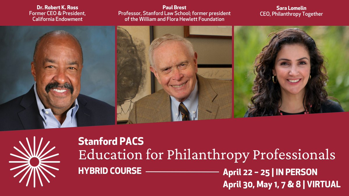 Stanford PACS (@stanfordpacs) on Twitter photo Registration now open!
Earn your Stanford PACS Certificate of Effective Philanthropy this spring when you complete our 8-day hybrid executive education course: Education for Philanthropy Professionals.
Learn more and register: pacscenter.stanford.edu/research/effec… Registration now open!
Earn your Stanford PACS Certificate of Effective Philanthropy this spring when you complete our 8-day hybrid executive education course: Education for Philanthropy Professionals.
Learn more and register: pacscenter.stanford.edu/research/effec…