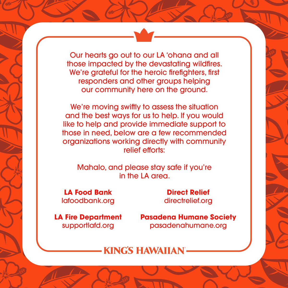 Our hearts go out to our LA ‘ohana and all those impacted by the devastating wildfires.