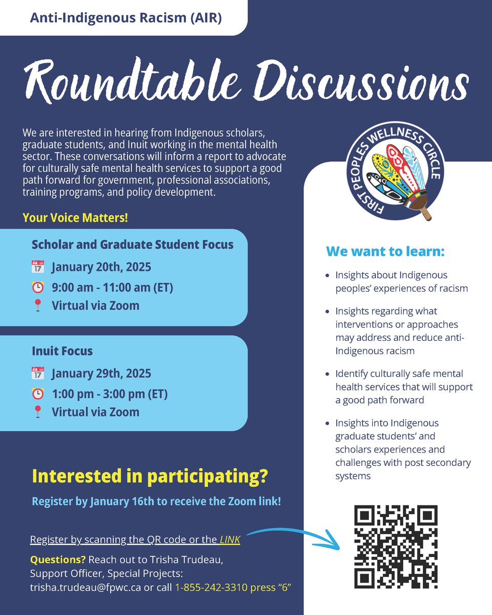wbiih_'s tweet image. Your voice matters! First Peoples’ Wellness Circle is interested in hearing from Indigenous scholars, graduate students, and Inuit working in the mental health sector.