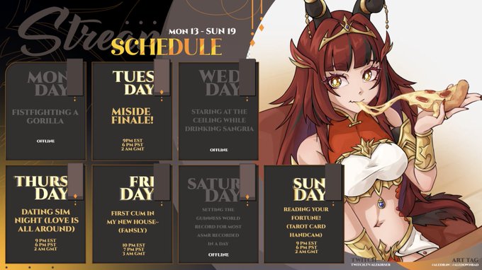 THIS WEEK'S SCHEDULE ✨⚔️(JAN 13 - 19)
NOM NOM NOM edition  
?eondriver https://t.co/KhrKkzBx3G