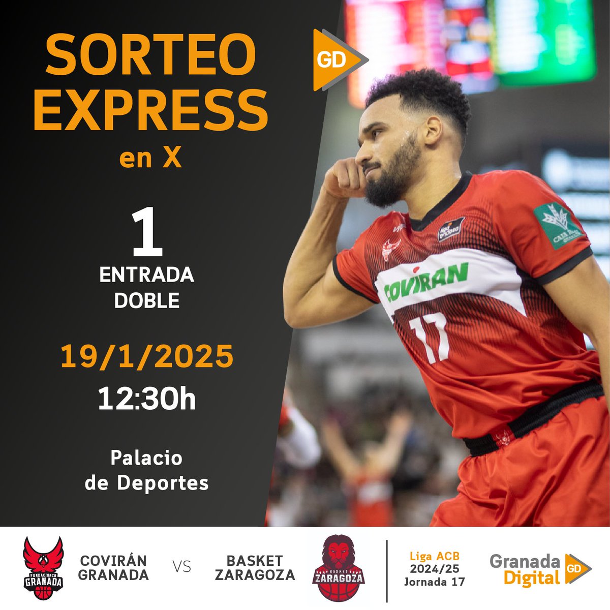 🏀#SORTEOEXPRÉS | El <a href="/CoviranGranada/">Coviran Granada</a> regresa al Palacio para medirse a <a href="/casademontBZ/">Casademont Zaragoza</a> 
 
¿Quieres asistir gratis?

🎟Sorteamos una entrada doble:

🔄RT a la publicación 
👬Menciona con quién irías 
📲Sigue a <a href="/granadadigital/">GranadaDigital</a>

El viernes 17 de enero daremos el nombre del ganador