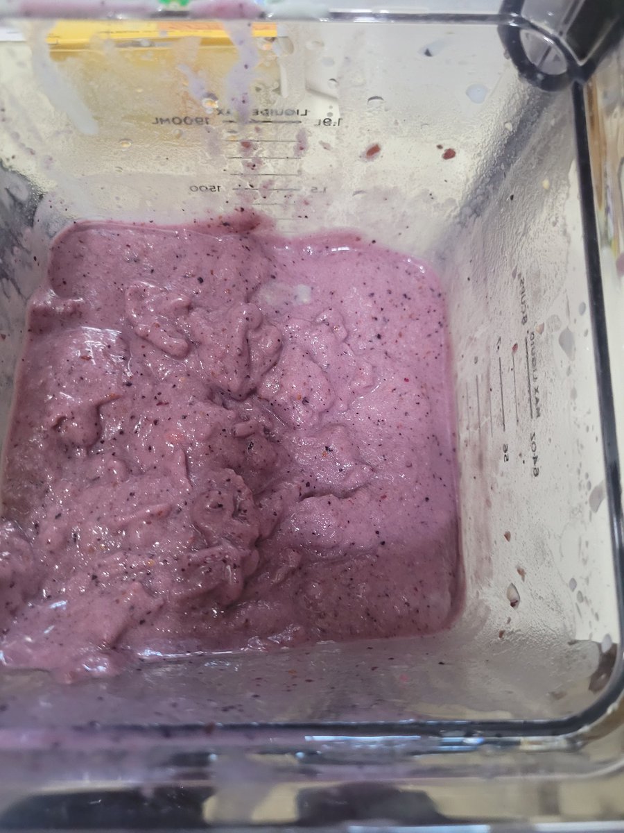 Today's breakfast...blueberries, strawberries, black cherries, pineapple, mango, oatmilk and protein powder.  Yummy!