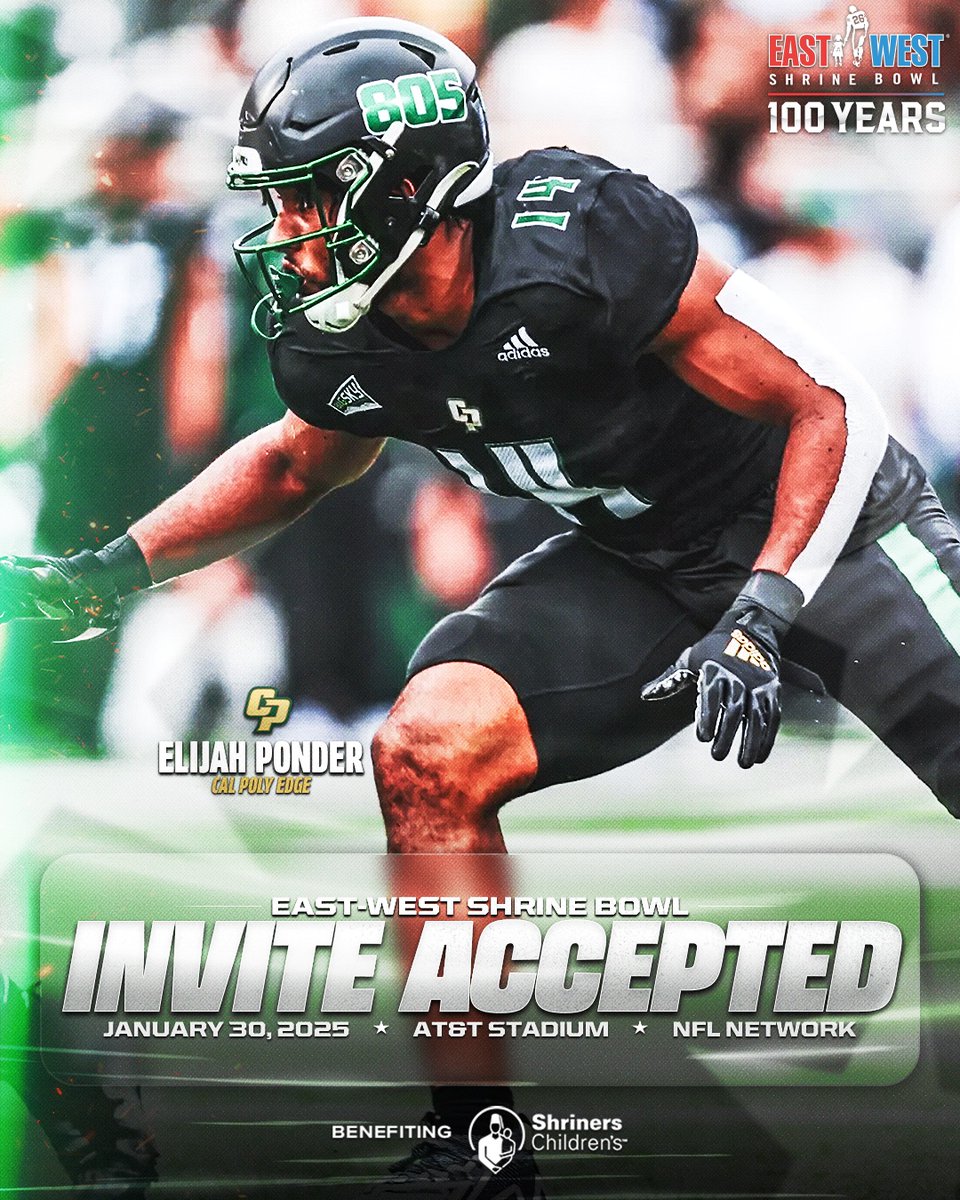 Gamebreaker 💥

EDGE Elijah Ponder (<a href="/ElijahCPonder/">Elijah Ponder</a>) from <a href="/calpolyfootball/">Cal Poly Football</a> has officially accepted his invite to the 100th East-West #ShrineBowl!

#RideHigh | #ShrineBowlWHOSNEXT 😎