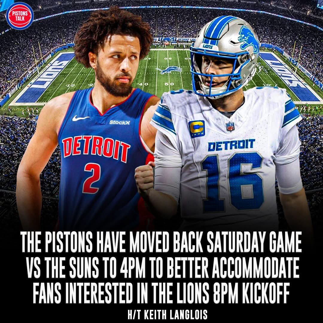 Pistons__Talk's tweet photo. The Detroit Pistons are moving their game vs the Phoenix Suns from 5PM to 4PM so fans can enjoy both games this weekend.  

#DetroitBasketball #Onepride https://t.co/s1stXz1Dec