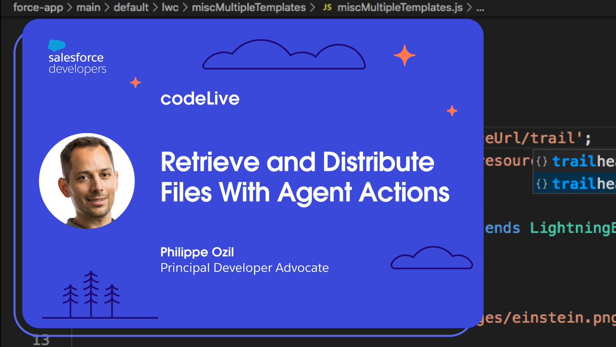 SalesforceDevs's tweet image. This week on #codeLive: see a live demonstration of how to retrieve and distribute files from third-party systems using custom agent actions.

Watch the livestream with #SalesforceDeveloper Advocate @PhilippeOzil Jan 16: 📺 sforce.co/3DVQDOz