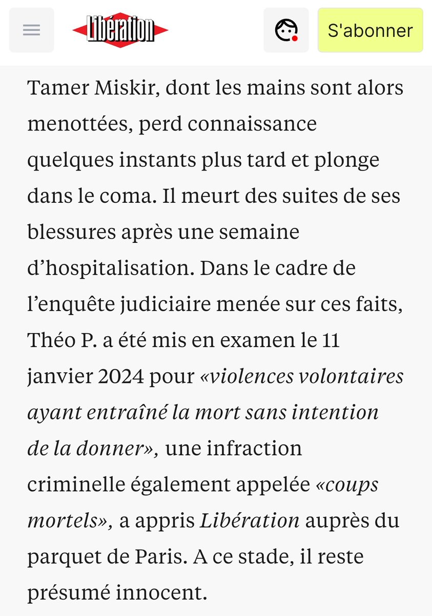 Un policier a tué un homme de 47 ans menotté, en lui assénant des coups de poing dans le visage.

L'homme a été hospitalisé une semaine avant de mourrir.

Il a fallu un an et demi avant que l'affaire sorte aujourd'hui !!

Une police de malades mentaux. 

liberation.fr/societe/police…