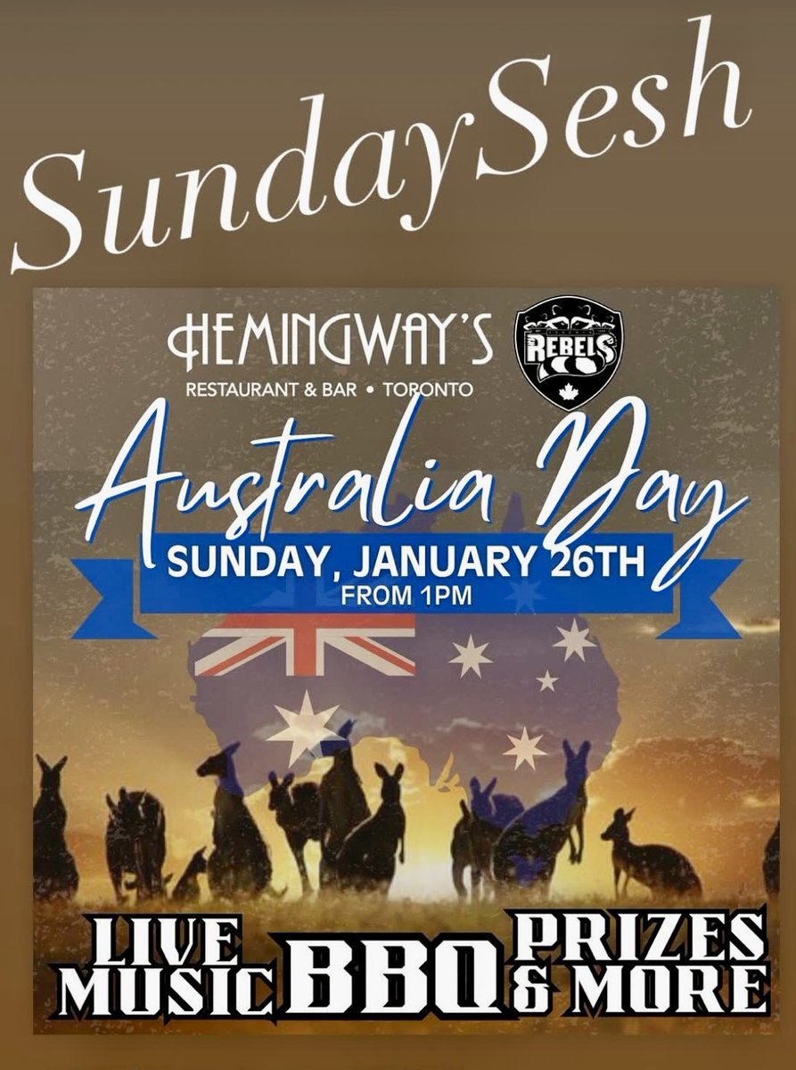 Join us at <a href="/HemingwaysTO/">Hemingway's Toronto</a> for #AustraliaDay 🇦🇺
It’s a SundaySesh to boot <a href="/RebelsAFC/">Toronto Rebels AFC</a> on the BBQ serving up #sausagesizzle <a href="/AusHCCanada/">Australia in Canada</a> #StrayaDay <a href="/AFLCanada/">AFL Canada</a>
