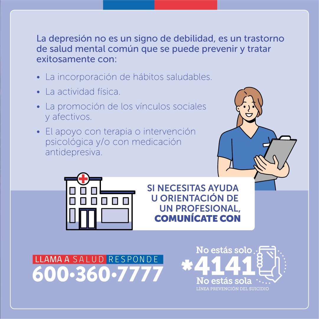 𝐃𝐢́𝐚 𝐦𝐮𝐧𝐝𝐢𝐚𝐥 𝐝𝐞 𝐥𝐚 𝐥𝐮𝐜𝐡𝐚 𝐜𝐨𝐧𝐭𝐫𝐚 𝐥𝐚 𝐝𝐞𝐩𝐫𝐞𝐬𝐢𝐨́𝐧 
📝 Recuerda que Chile cuenta con una Garantía Explícita en Salud que garantiza el tratamiento de la depresión para que todas las personas puedan recibir tratamiento, independiente de su previsión.