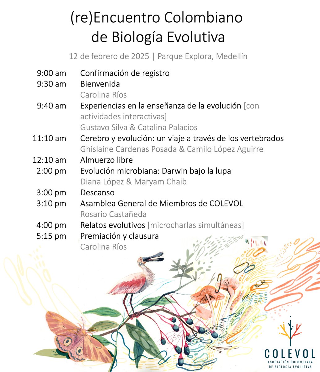 📢 Acompáñanos al (re)Encuentro Colombiano de Biología Evolutiva este 12 de febrero en Medellín

Este evento gratuito es organizado en colaboración con el <a href="/ParqueExplora/">Parque Explora</a> en conmemoración del Día de Darwin

Formulario de inscripción (presencial): forms.gle/wY8eWdvbSJRsYd… (1/2)