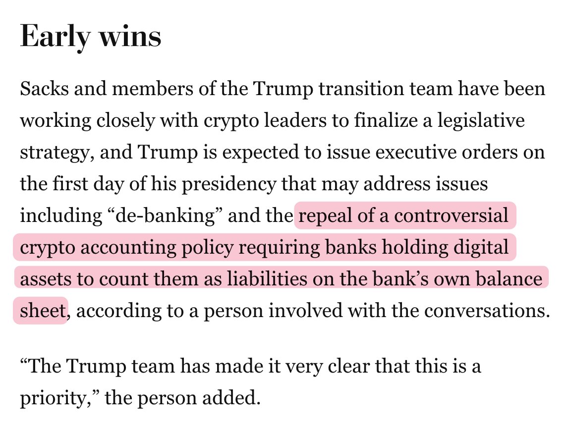 julianfahrer's tweet image. The Washington Post is reporting that Trump will repeal SAB 121 on day one.

(Congress passed the repeal last year, but Biden vetoed it)

It&apos;s the third of Saylor&apos;s three catalysts for $5m BTC:

✅ Spot ETFs
✅ Fair value accounting
✅ Banks can custody Bitcoin (SAB 121 repeal)