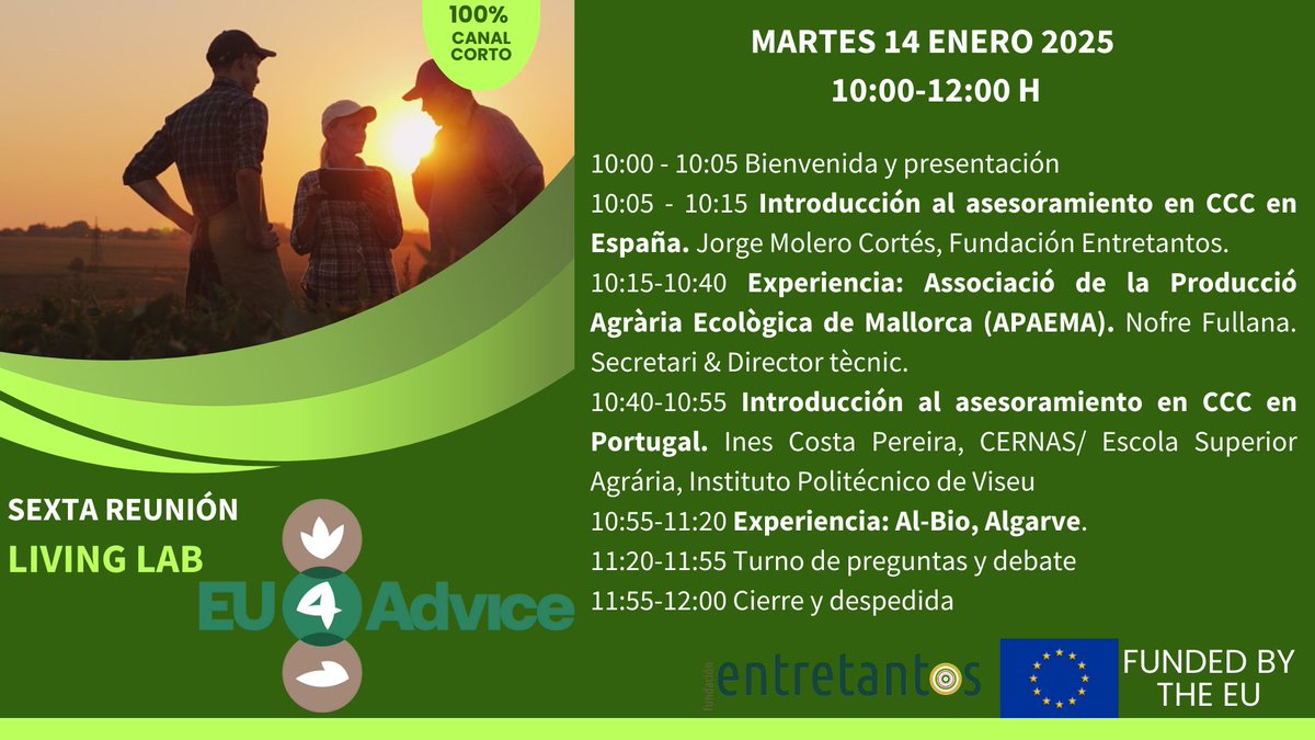 🚀 ¡No te pierdas el webinario #EU4Advice!
🌱 Asesoramiento desde asociaciones de prods en Canales Cortos de Comercialización (CCC) en 🇪🇸 y 🇵🇹.
📅 14 de enero | 10:00-12:00 h
👉 Casos prácticos, retos y buenas prácticas.
💻 Inscríbete us06web.zoom.us/meeting/regist…
#agroecología