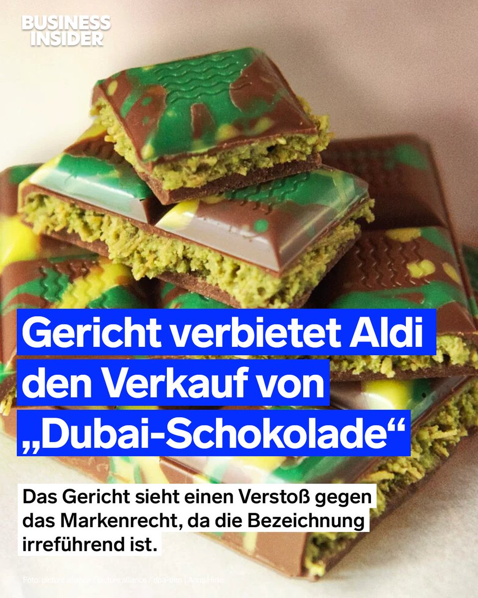 Das Landgericht Köln hat Aldi Süd untersagt, die „Dubai-Schokolade“ der Marke Alyan weiterzuverkaufen, berichtet die „Lebensmittelzeitung“. Laut dem Branchenmedium begründete das Gericht seine Entscheidung mit einem Verstoß gegen das Markenrecht (§ 127): businessinsider.de/wirtschaft/ger…