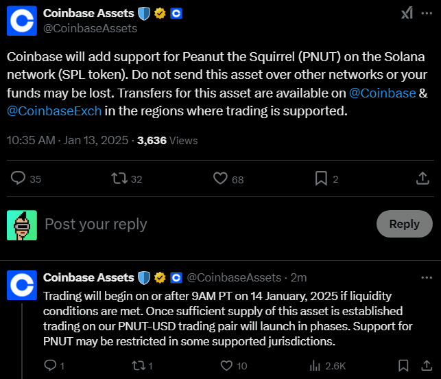 JUST IN: Coinbase to add support for Solana meme coin Peanut the Squirrel $PNUT 🚀

Trading will begin tomorrow at 9 AM PT