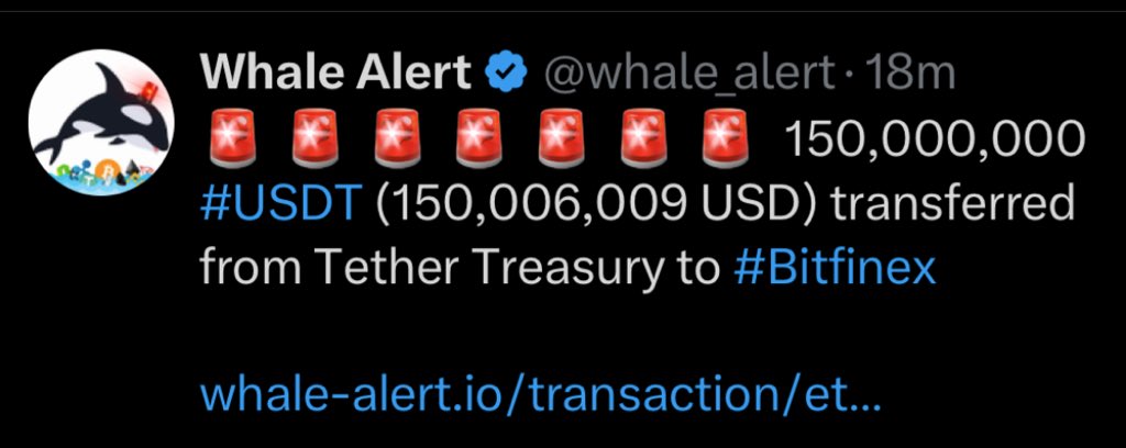 AshCrypto's tweet photo. 💥 BULLISH : 

$150M USDT JUST TRANSFERRED 
FROM TETHER TREASURY TO BITFINEX https://t.co/HuwsOlcQC8