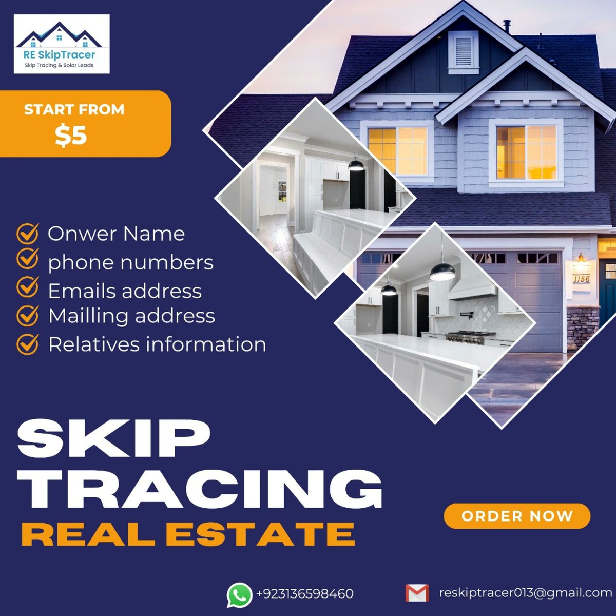 We provide Real Estate Skip Tracing, Lead Generation and Solar Leads to Real Estate Agents and Solar Companies.
I can provide you:
Solar Leads, Cash Buyers, Motivated Sellers, and Much More Leads with Skip Tracing. You will always feel happy to work with us. 
#realestate