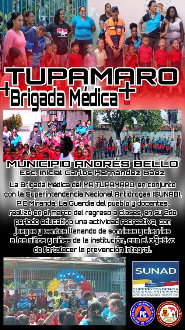 centralmrt's tweet photo. Feliz vuelta a clases con la Brigada Medica Tupamaro, quiénes junto a Protección Civil, la Superintendencia Nacional Antidrogas y la Guardia del Pueblo regalaron sonrisas y diversión a los niños y niñas del Municipio Andrés Bello del Estado @MirandaMrt2 
#TupamaroJuróconNicolas https://t.co/cYvbMywEsb