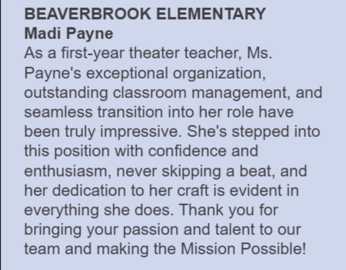 Congratulations to Ms. Payne on being selected as the <a href="/beaverbrookgscs/">Beaverbrook Elementary School</a> January Employee of the Month! 

🌟🎭🌟 We are grateful to have you as a part of the GSCS Fine Arts Team! 🌟🎭🌟