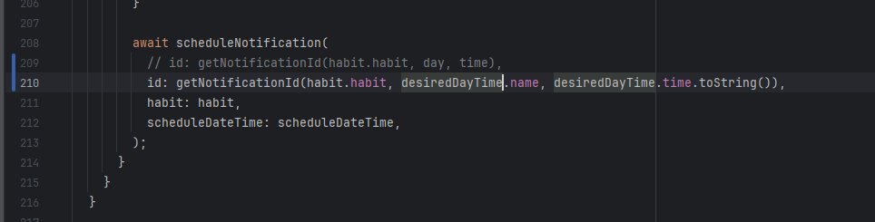 FemiOkedeyi's tweet image. Day 85 of 100
Today's update is a short one. I went back to the previous project (Habitar) and I changed the way the notification id is generated. It is now the same week and time used to create the notification itself.
#flutter #100DaysOfCode #100DaysOfFlutter