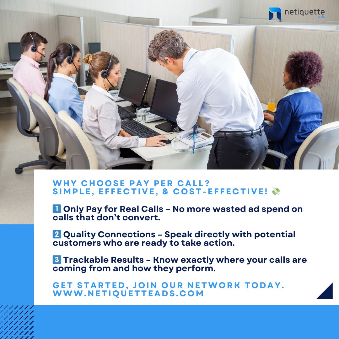 Netiquetteads's tweet photo. 📞 Why Pay Per Call? Simple, effective, &amp; cost-efficient! 💸

Stop wasting money on ads that don’t convert. With Pay Per Call, you only pay for real leads, get quality connections, &amp; track your results. 🚀

Ready to get results? DM us to learn more! #PayPerCall #Marketing https://t.co/gBQZPhRcRB