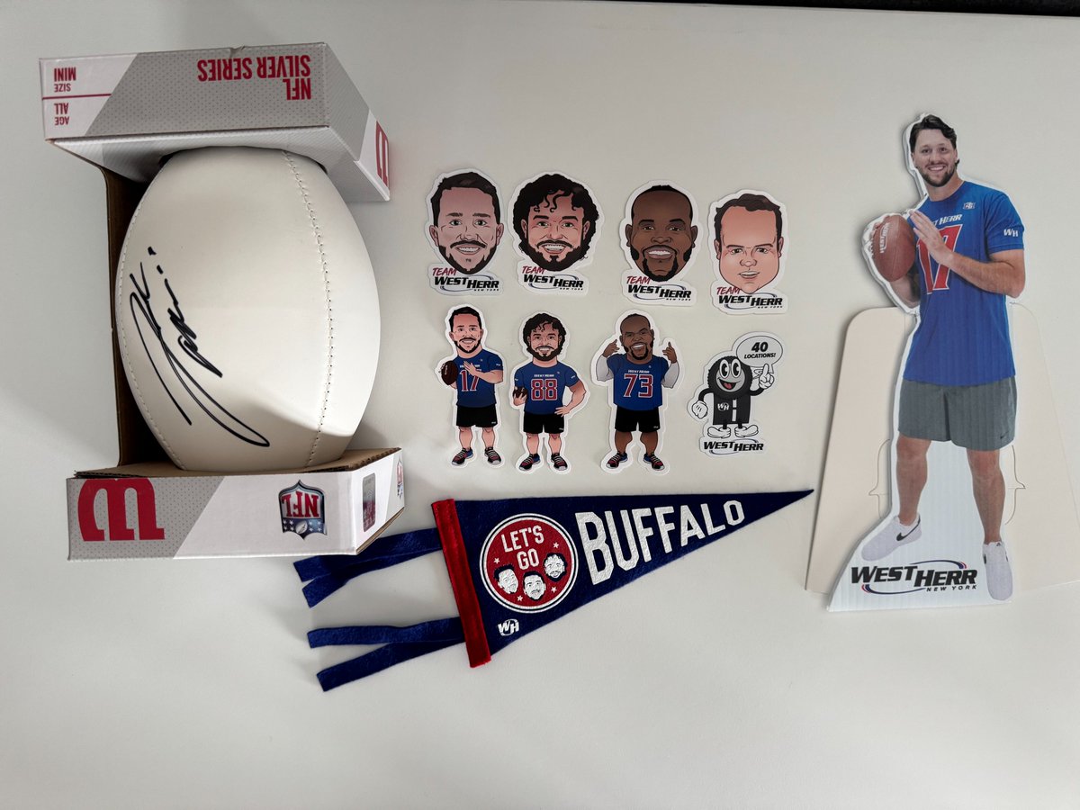 West Herr Auto Group (@westherr) on Twitter photo 🚨 #VictoryMonday GIVEAWAY🚨 - To celebrate #Buffalo’s playoff win over Denver AND #NationalStickerDay, we are giving away a #TeamWestHerr prize pack including a signed
<a href="/JoshAllenQB/">Josh Allen</a> mini football, mini cutout, pennant, and our exclusive stickers! 🏈🙌
To enter, just RT & make 🚨 #VictoryMonday GIVEAWAY🚨 - To celebrate #Buffalo’s playoff win over Denver AND #NationalStickerDay, we are giving away a #TeamWestHerr prize pack including a signed
<a href="/JoshAllenQB/">Josh Allen</a> mini football, mini cutout, pennant, and our exclusive stickers! 🏈🙌
To enter, just RT & make
