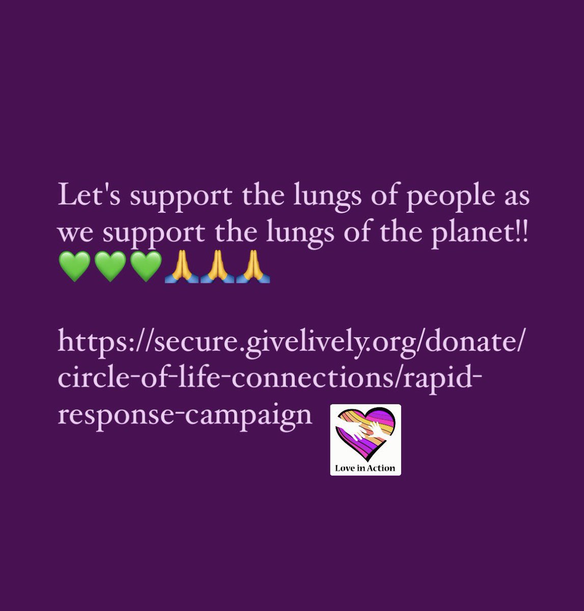 juliabfly's tweet image. Let&apos;s support the lungs of people as we support the lungs of the planet

Thank you!

With so much Love and Love in ACTION!

julia

secure.givelively.org/donate/circle-…

Link also in bio! 💚💚💚🙏🙏💚

#community #family #southerncalifornia #losangeles #loveinaction #rapidresponsecampaign