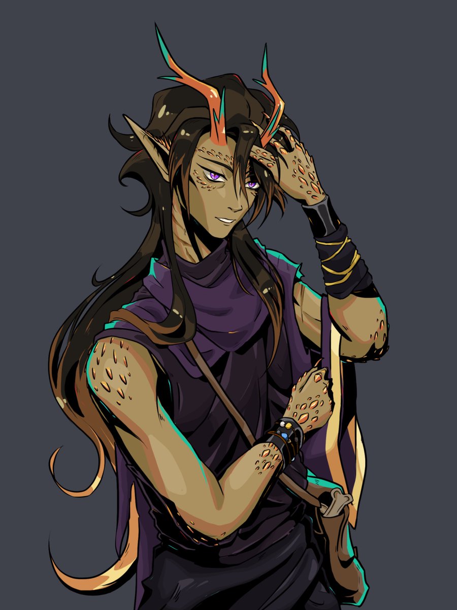 Soliriumn's tweet photo. I’ve been really into Hades recently and decided to do an art study of the style with my pc Blight… that spiraled into an au because he almost died in a recent session. So uh here’s a screenshot and expressions. #HadesGame #DnD https://t.co/yS7uGpCKS3