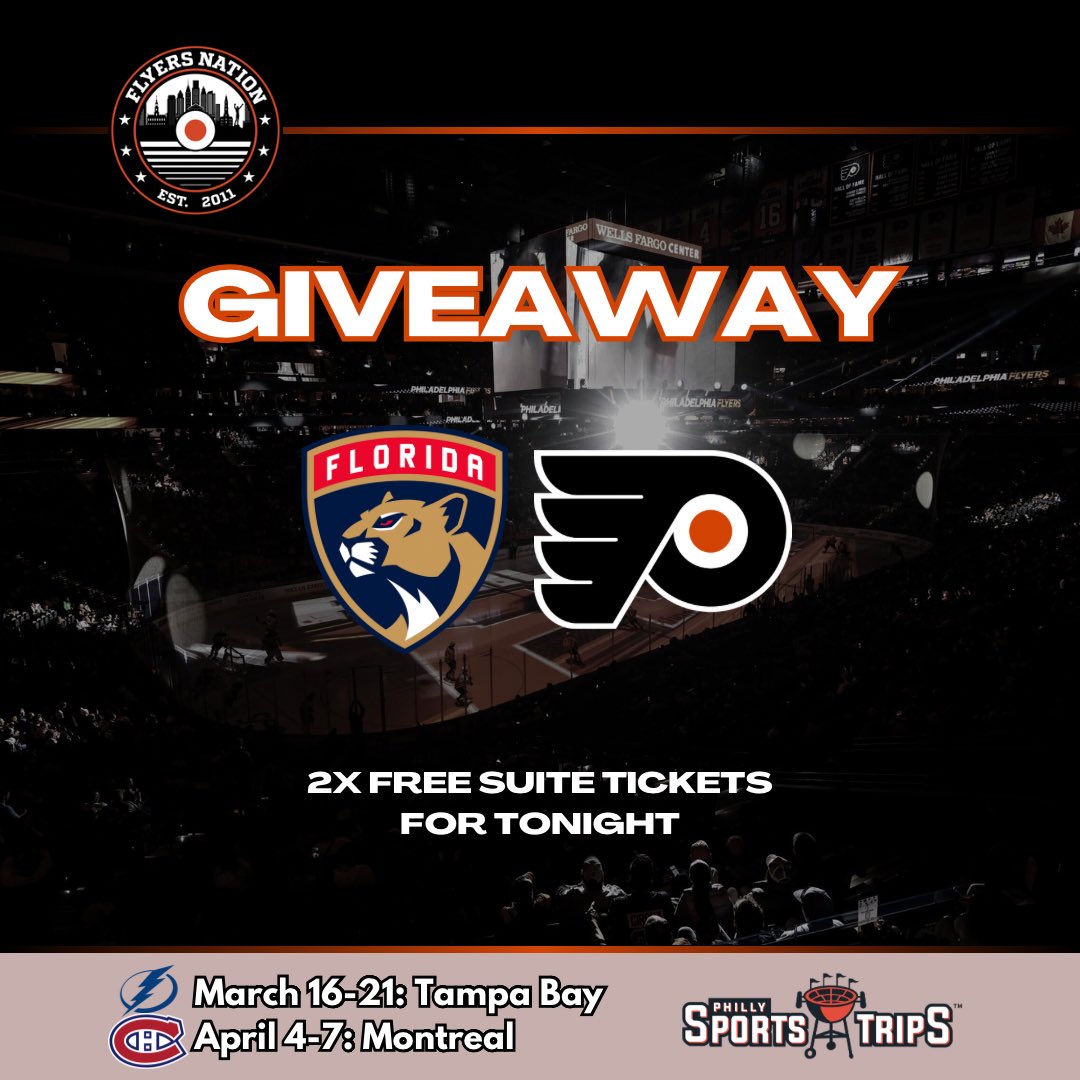 Flyers Nation (@flyersnation) on Twitter photo 🚨 FLASH GIVEAWAY 🚨
We’re giving away two tickets to sit with us in a suite TONIGHT 🔥
TO ENTER:
1) RT this
2) Must be following <a href="/FlyersNation/">Flyers Nation</a> and <a href="/SportsTripsPHL/">Philly Sports Trips</a>
(Winner announced at 4:00 PM)
Also be sure to join us on the road in Tampa Bay and Montreal: 🚨 FLASH GIVEAWAY 🚨
We’re giving away two tickets to sit with us in a suite TONIGHT 🔥
TO ENTER:
1) RT this
2) Must be following <a href="/FlyersNation/">Flyers Nation</a> and <a href="/SportsTripsPHL/">Philly Sports Trips</a>
(Winner announced at 4:00 PM)
Also be sure to join us on the road in Tampa Bay and Montreal:
