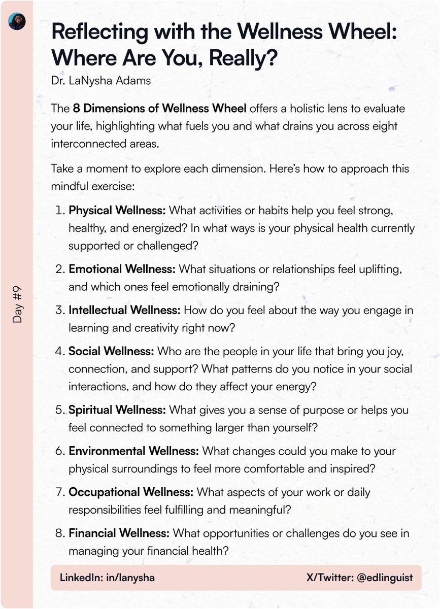 drlanysha's tweet photo. Use the 8 Dimensions of Wellness to reflect:
✨ What energizes you in each area of life?
✨ What drains you?
Breathe, be present, and notice the connections. Insights (and solutions) will follow.
#Wellness #SelfReflection #MePower #MotivationMonday https://t.co/MtLLlEss0e