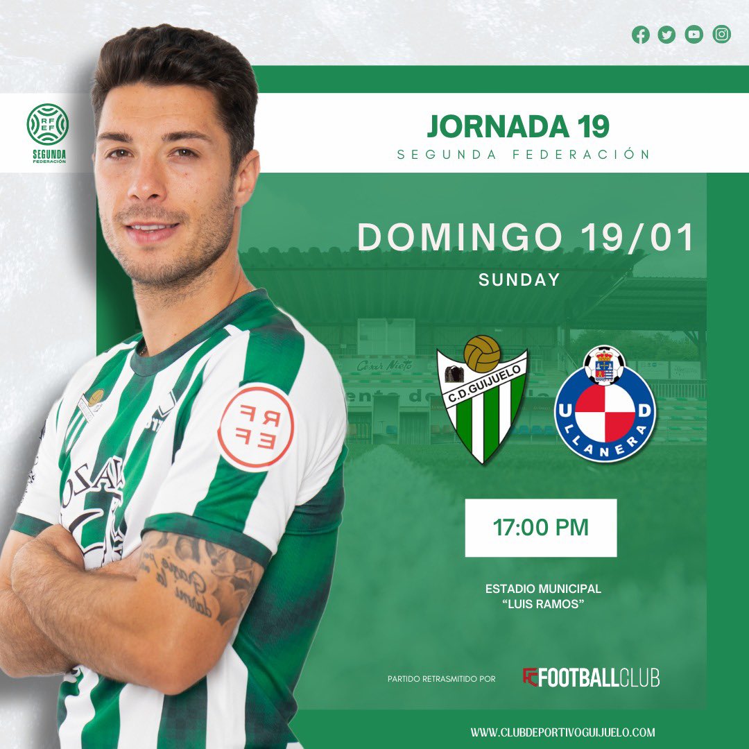𝗛𝗢𝗥𝗔𝗥𝗜𝗢 𝗖𝗢𝗡𝗙𝗜𝗥𝗠𝗔𝗗𝗢 ✅

📌 #CDGuijueloUDLlanera
📝 Jornada 19
🗓 Domingo 19 de enero
🆚 <a href="/UDLlanera/">UD Llanera</a> 
⏰ 17:00 horas
🏟 Estadio Municipal “Luis Ramos”

#50AñosDeHistoria | #TodoalVerde 💚
