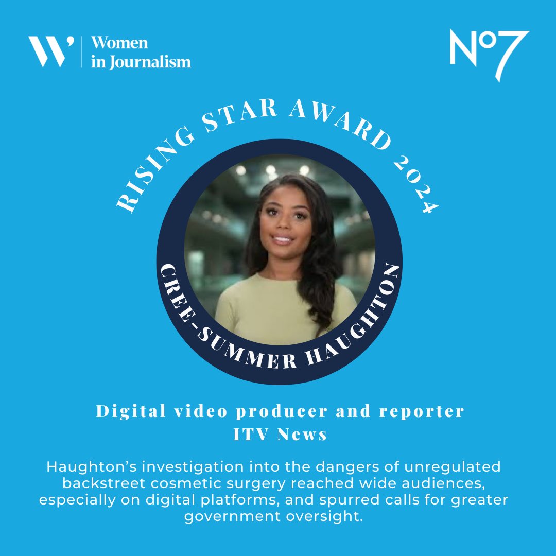 Women in Journalism (@wij_uk) on Twitter photo <a href="/rianna_croxford/">Rianna Croxford</a> <a href="/BBCNews/">BBC News (UK)</a> Rising Star Award 2024 🏆
Congratulations to <a href="/creesummerITV/">Cree-Summer Haughton</a> ✨
Haughton's investigation into the dangers of unregulated backstreet cosmetic surgery reached wide audiences, especially on digital platforms, and spurred calls for greater government oversight <a href="/rianna_croxford/">Rianna Croxford</a> <a href="/BBCNews/">BBC News (UK)</a> Rising Star Award 2024 🏆
Congratulations to <a href="/creesummerITV/">Cree-Summer Haughton</a> ✨
Haughton's investigation into the dangers of unregulated backstreet cosmetic surgery reached wide audiences, especially on digital platforms, and spurred calls for greater government oversight