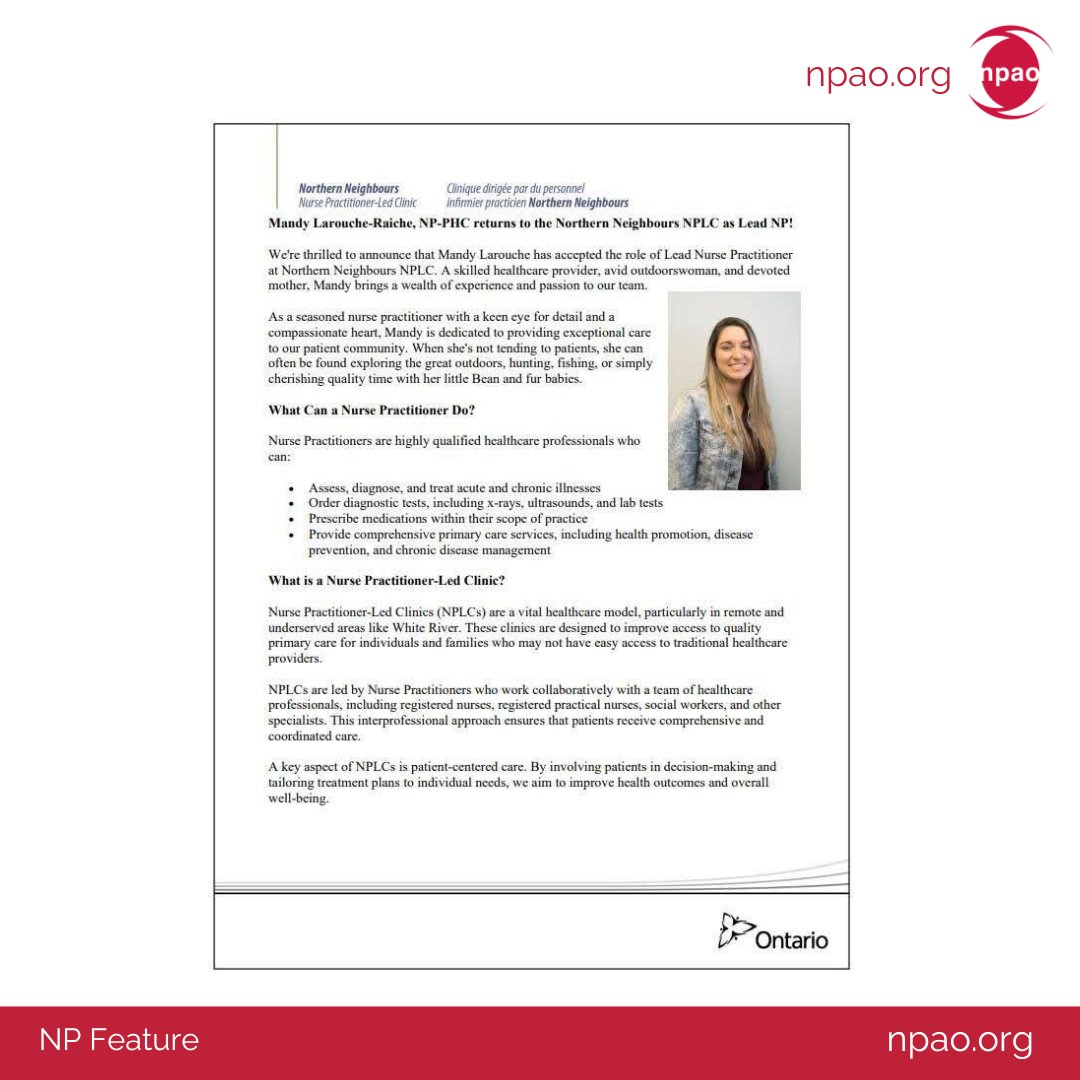 NPAOntario's tweet photo. Celebrating NP Excellence! Join us in congratulating Mandy Larouche-Raiche on her new role as Lead NP at Northern Neighbours NPLC.
#NPLeadership #NursePractitioner #OntarioNP #NPSpotlight https://t.co/QHANJmxKg5