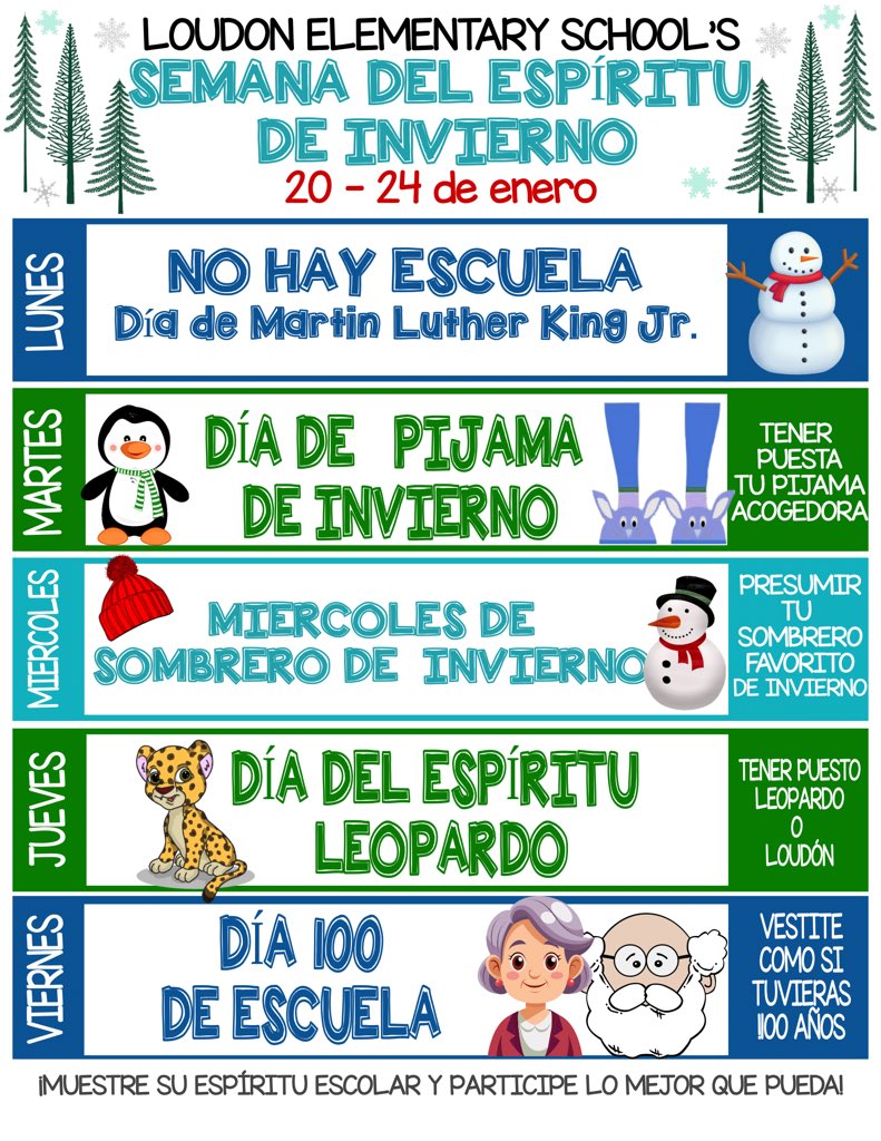 ❄️ Winter Spirit Week is next week! ❄️ 

Don’t miss the fun on Friday as we dress up for the 100th day of school!