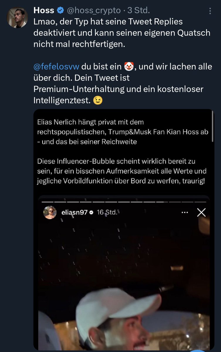 Der Streamer EliasN97/Eligella wird aktuell von einigen hier auf Twitter/X  kritisiert, weil er mit Hoss (u. a. Podcast Hoss & Hopf) unterwegs ist und  dazu auf Instagram gepostet hat. Was sagt ihr
