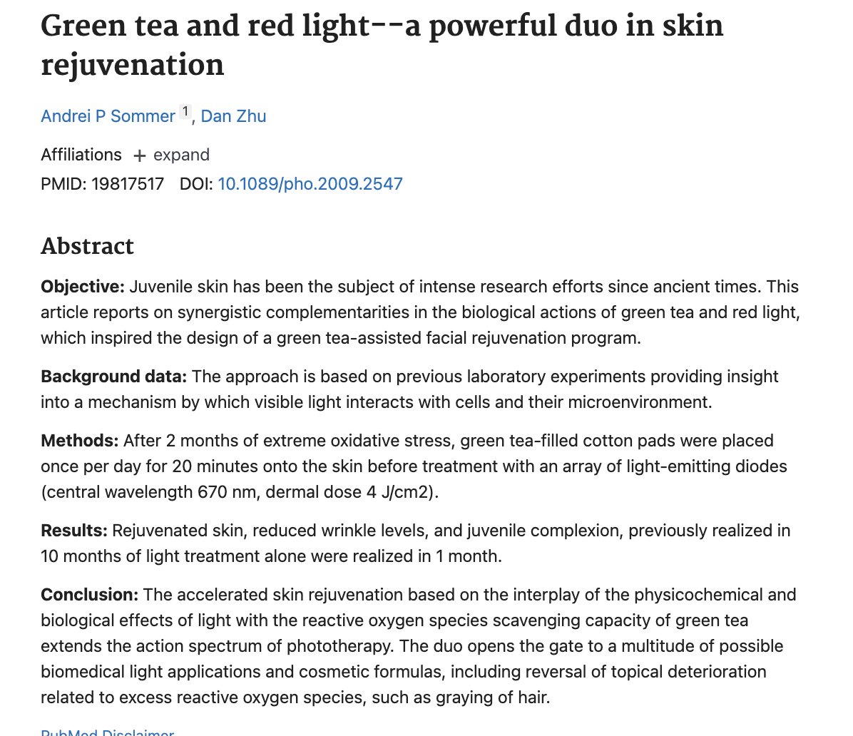 AlpacaAurelius's tweet photo. Putting green tea on your skin then using a red light (or going in the sun) is one of the most anti aging skin hacks.

In just a few months, it was able to rejuvenate the skin and reduce wrinkles in these patients. https://t.co/hJb3kxsDqm
