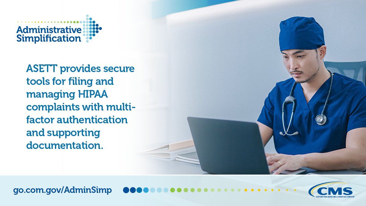 CMSGov's tweet photo. The ASETT tool helps you address potential HIPAA violations. File complaints, test transactions, and ensure compliance — all in one place. Start here: https://t.co/ySAYbTVTO0 #AdminSimp https://t.co/yq3C04Jyfl