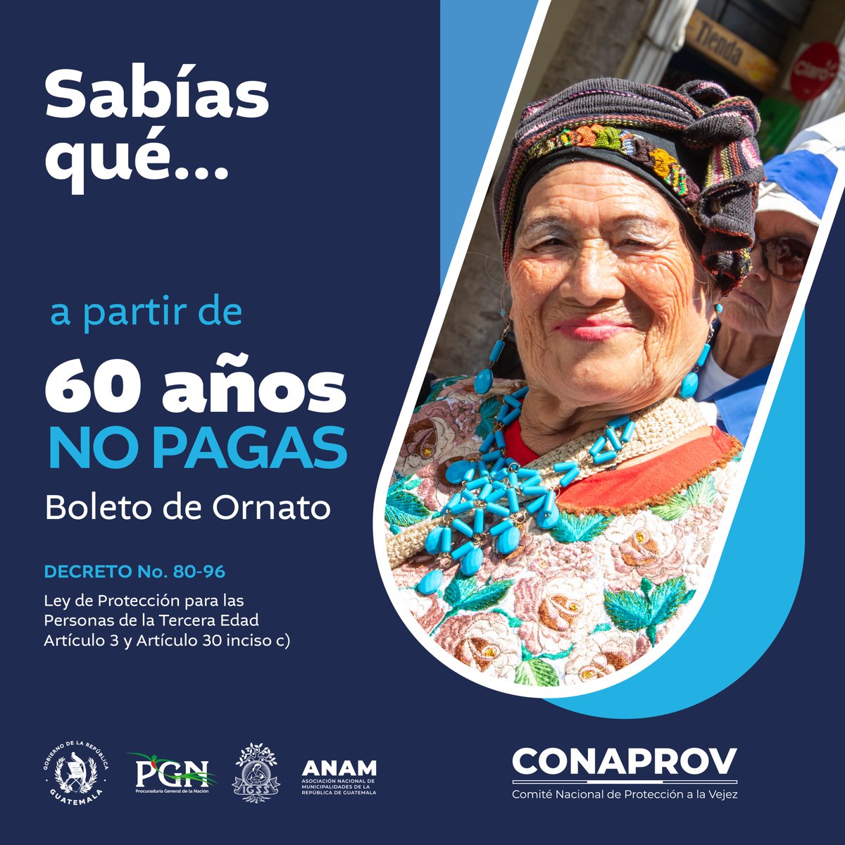 💡¿Sabías que...?

Al tener 60 años o más, estás exento del pago del Boleto de Ornato.

📖 Este derecho está respaldado por el Decreto No. 80-96, Ley de Protección para las personas de la tercera edad.

#CONAPROV
