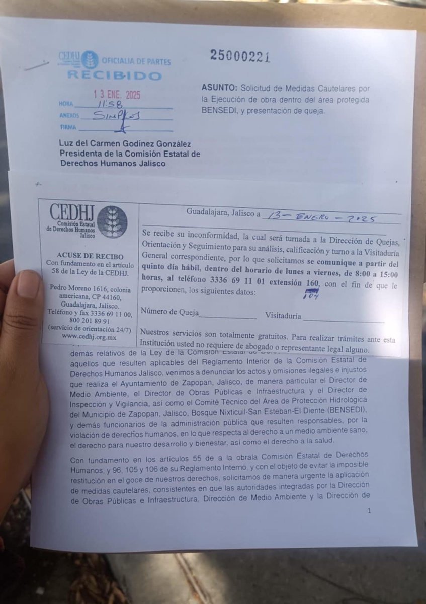 bosquenixticuil's tweet photo. 🧵Presentamos queja en @CEDHJ  contra el @ZapopanGob @JuanJoseFrangie y el Comité Técnico del Área de Protección Hidrológica Bosque #Nixticuil-San Esteban-El Diente (BENSEDI), solicitando medidas cautelares urgentes para que se clausure la obra del centro de educación ambiental https://t.co/VLPeNKo4SZ