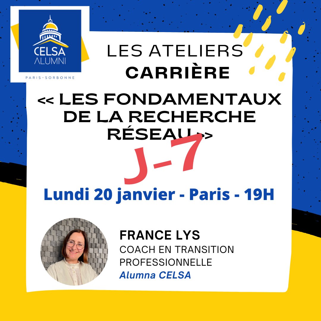 📌 J-7 avant notre atelier en présentiel "Les fondamentaux de la recherche réseau"
👉 Inscription : celsa-alumni.com/fr/event/ateli…
Cet atelier est animé par France Lys, alumna #CELSA &amp; coach en transition professionnelle et organisé par Maud de Crépy dans le cadre des Ateliers Carrière.