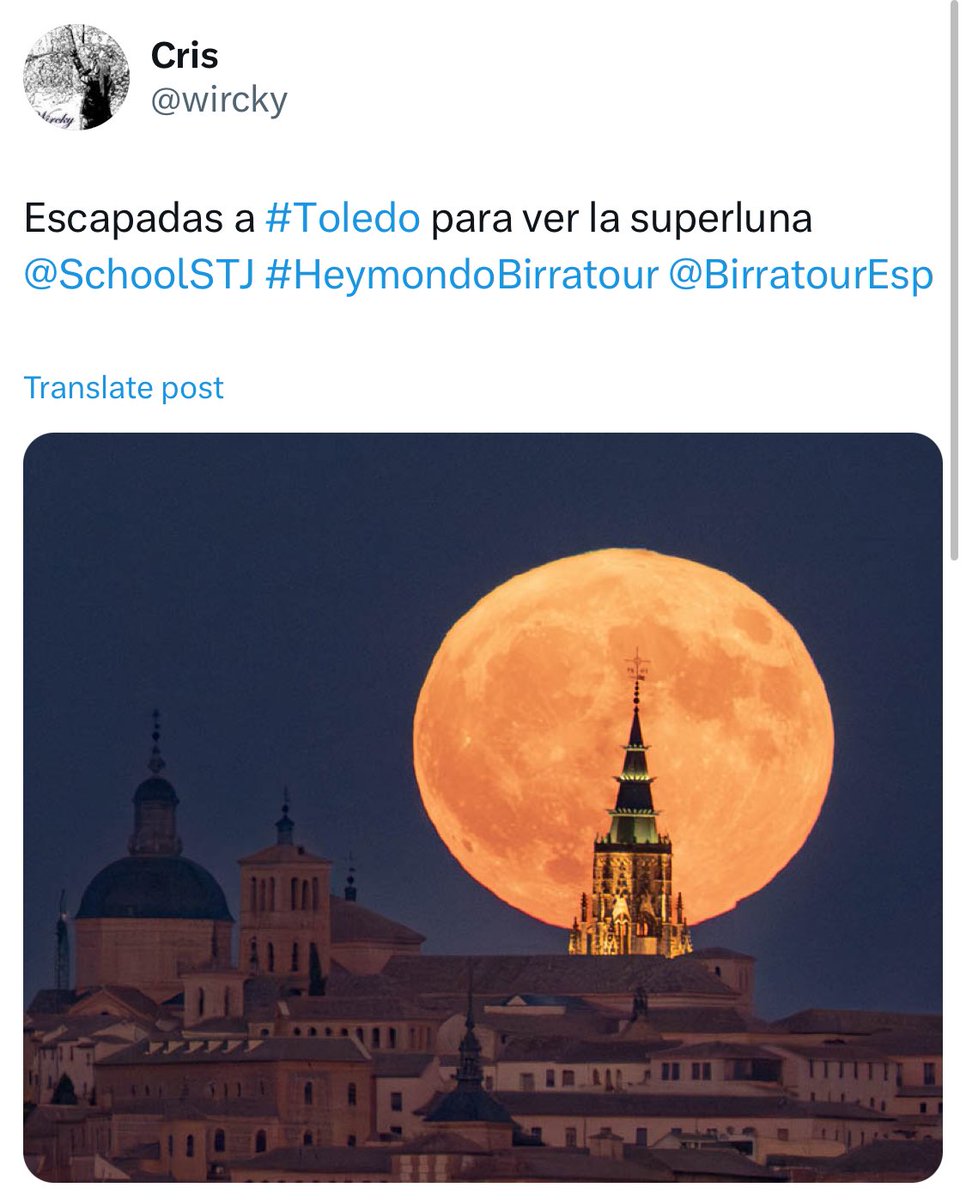 🥈Y por aquí tenemos la segunda foto ganadora 🙌🏼

El 📸 Curso de Especialización en Fotografía de Viajes de <a href="/SchoolSTJ/">School of Travel Journalism</a> valorado en 500€ es para… 🥁 🥁 🥁 

⭐️ <a href="/wircky/">Cris</a>, de Los viajes de Wircky ⭐️ 

por esta fotaza viajera de la súper Luna 🌕 que capturó en su escapada a Toledo