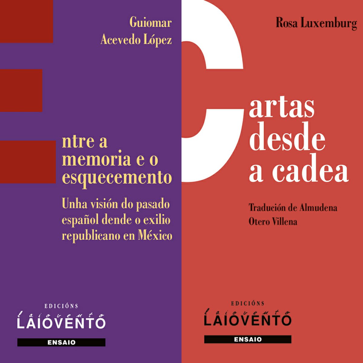 Hoxe 15 de xaneiro temos dous actos de #Laiovento:

Almudena Otero presenta na <a href="/LibreriaTrama/">Librería Trama</a> de Lugo a súa tradución das CARTAS DESDE A CADEA, de Rosa Luxemburg, ás 19h

Guiomar Acevedo presenta na <a href="/LibrariCouceiro/">Libraria Couceiro</a> de Santiago o libro ENTRE A MEMORIA E O ESQUECEMENTO, ás 19:30h