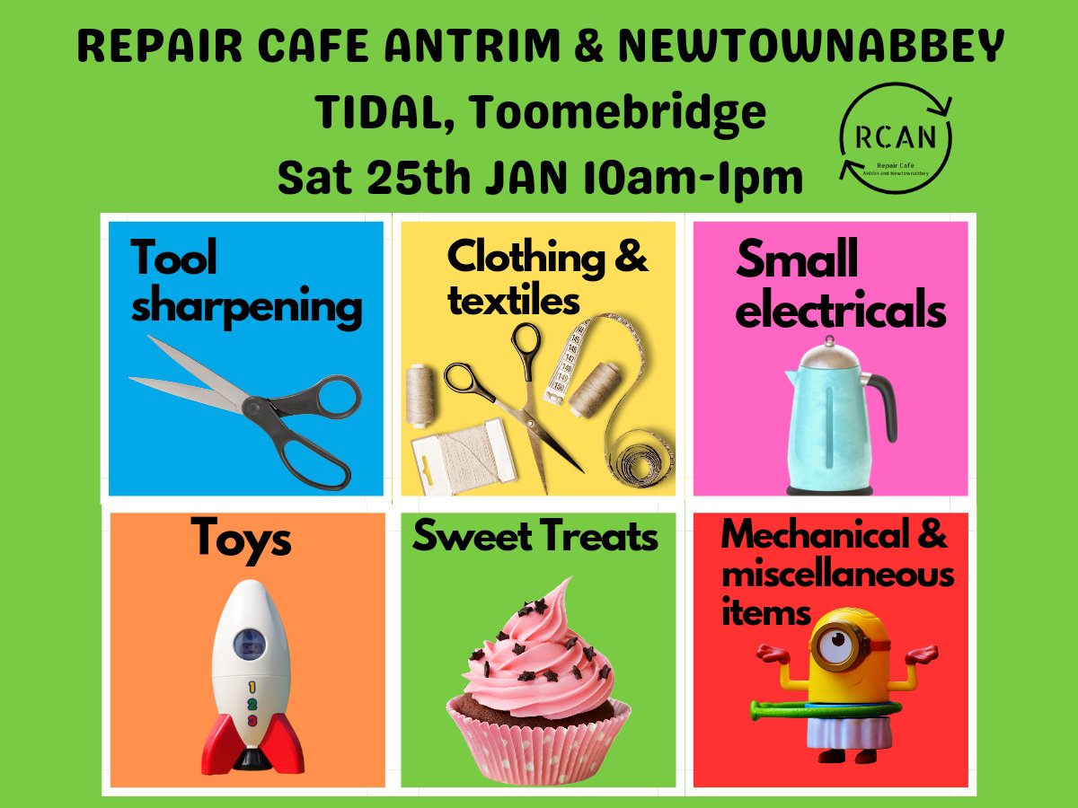 How exciting!  Our next repair event will be at a new venue - TIDAL in Toome. 

Dig out your broken items and bring them along for our talented volunteers to take a look at.

📍 Tidal, Toome
🗓️ Saturday 25 January 
🕒 10:00 AM – 1:00 PM

Bookings will be open in a few days.  😉