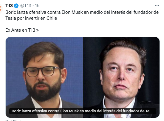 Iherreraa's tweet photo. El empresario mas poderoso del mundo, Elon Musk, expresa su deseo de invertir en Chile y Boric lo critica.  Se dan cuenta de que este gobierno es el que no quiere que el país surja y se desarrolle?  No hay otra explicación.  La otra explicación es que Boric es un wn al cuadrado. https://t.co/c3um8ToW2t